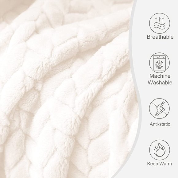 Cream White Knit Jacquard Weave Pattern Decorative Warm Flannel Couch Blanket - Picture 5 of 16